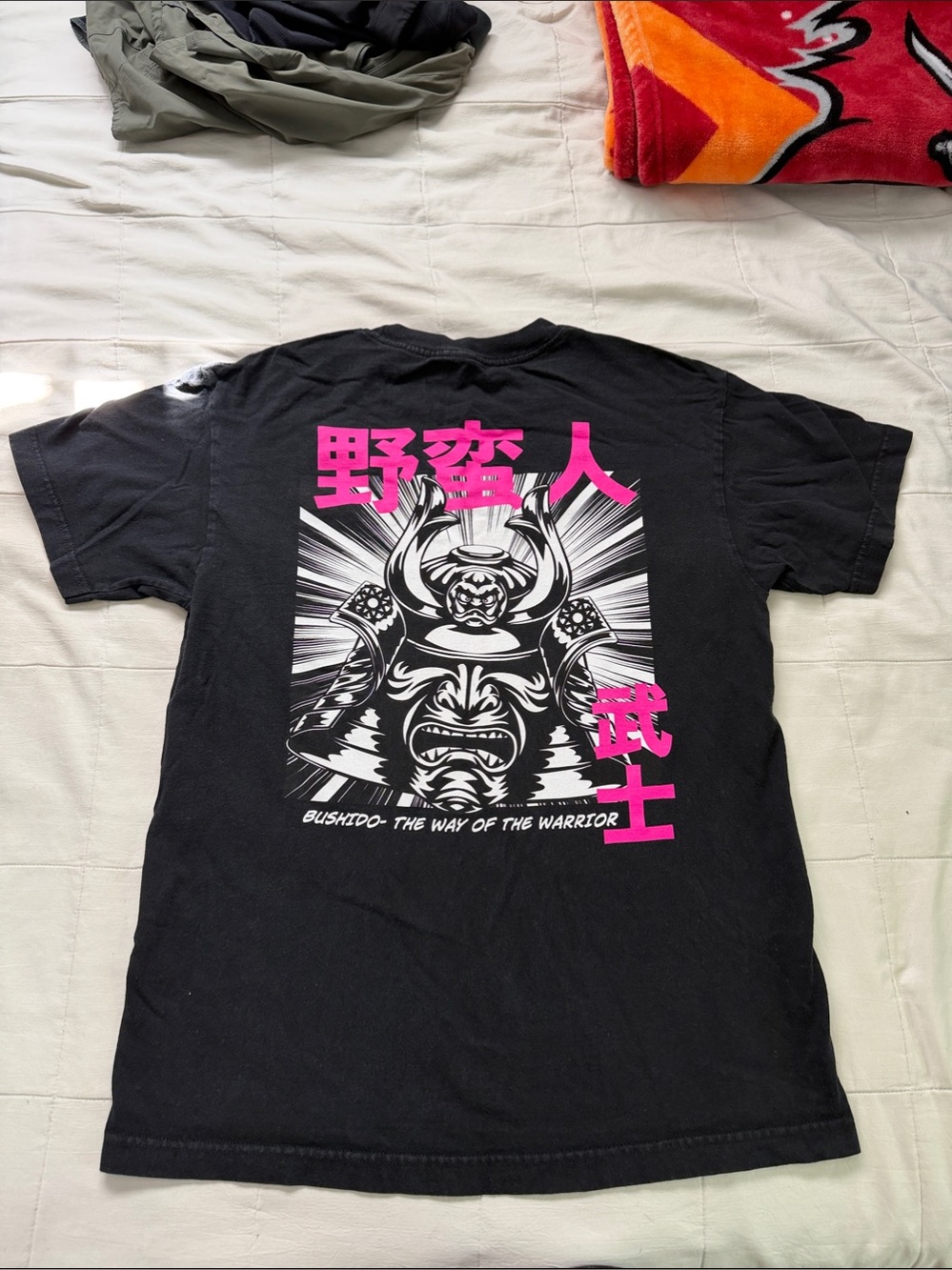 Black Graphic Samurai Tee with Pink Kanji Accents